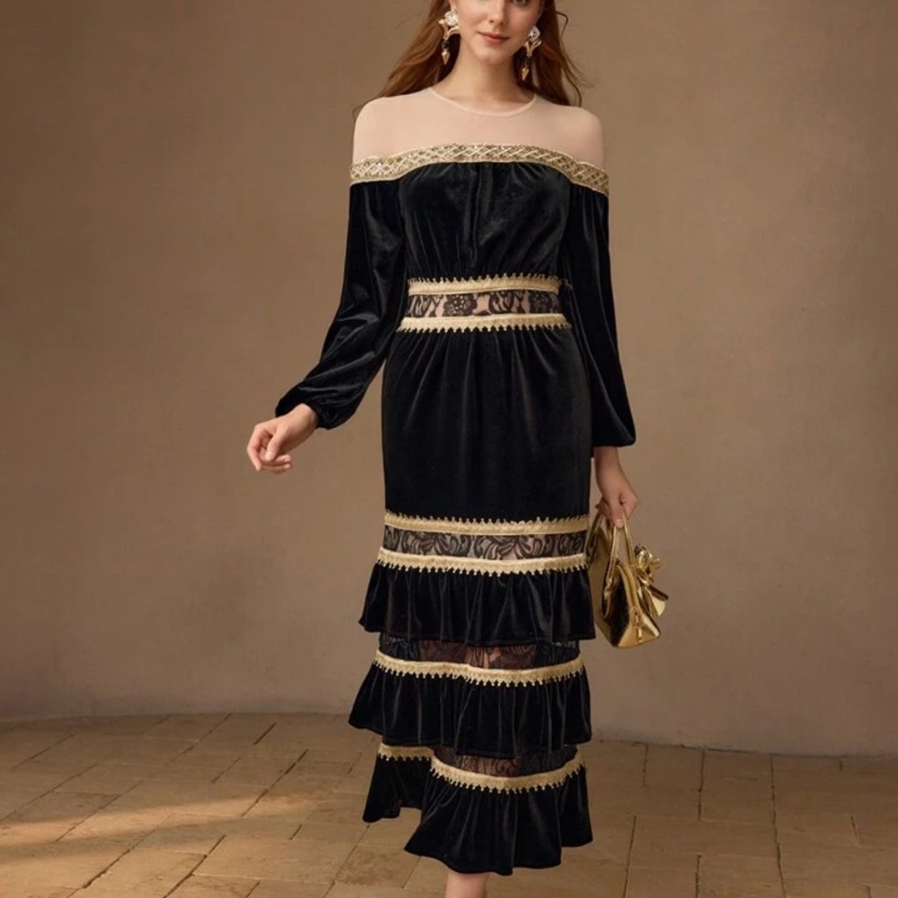 MOTF Black Velvet Midi Dress with Gold Lace Trim